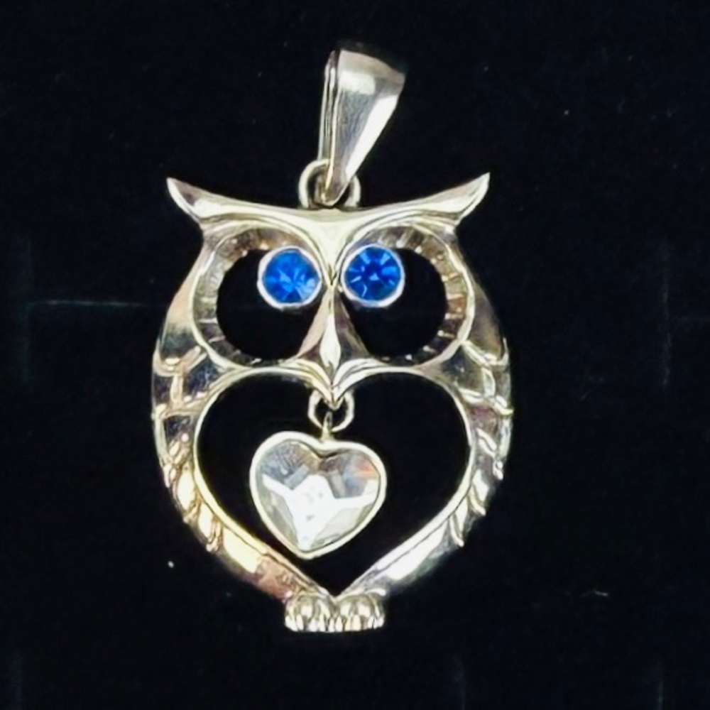 Silvertone Owl Pendant with Blue Eyes and Heart Charm